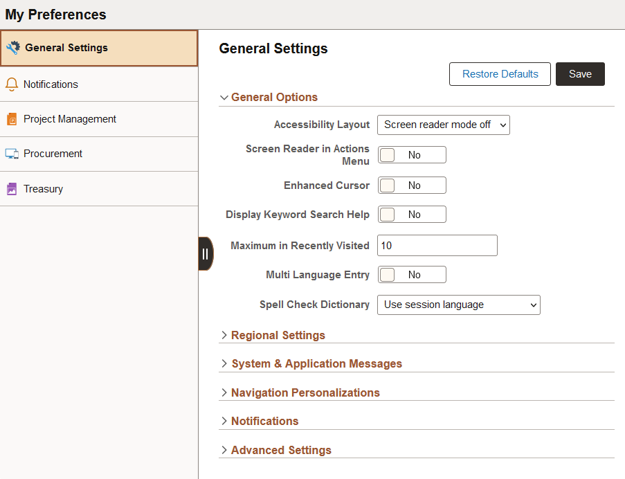My Preferences page with default and custom preference items defined