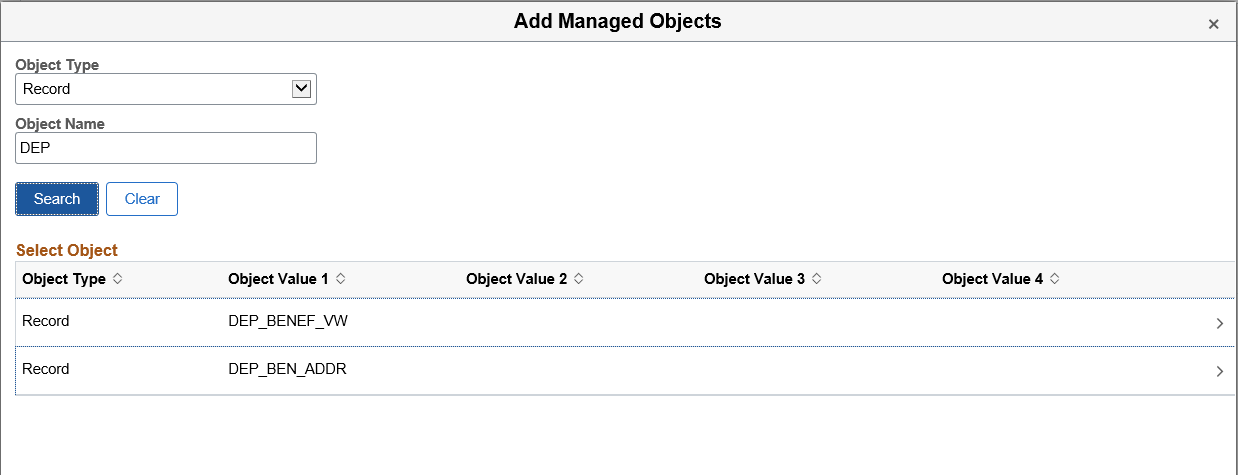 Example Add Managed Objects page
