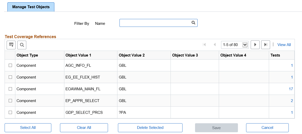 Manage Test Objects page