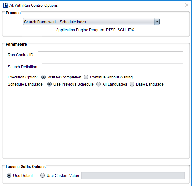 AE With Run Control Options Showing Search Framework-Schedule Index