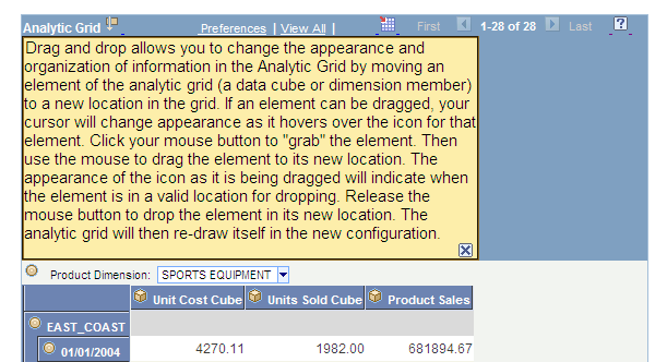 Analytic grid with help text displayed before pivot operation