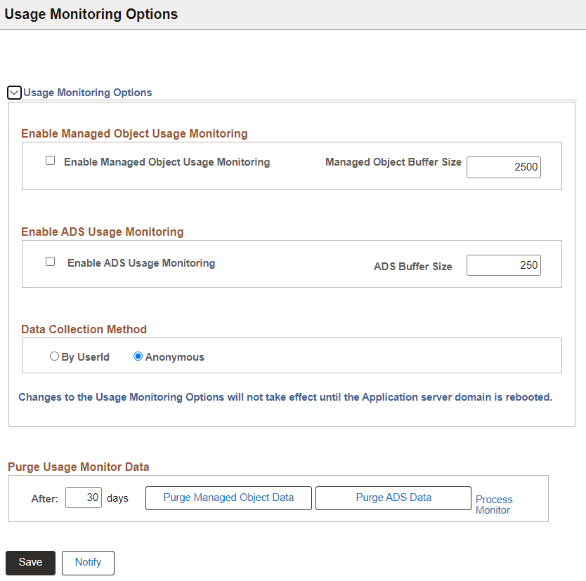 Usage Monitoring Options page