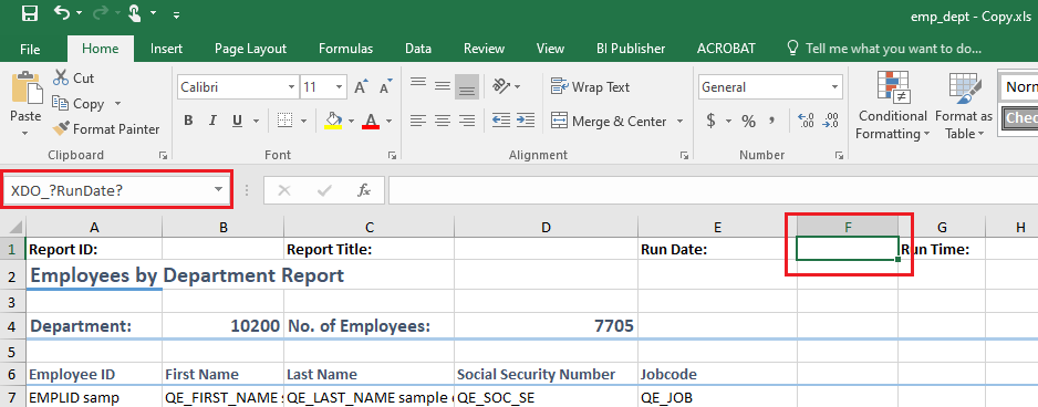 Main worksheet of Excel template in which new values of parameters must be entered as mentioned in the hidden worksheet XDO_METADATA.