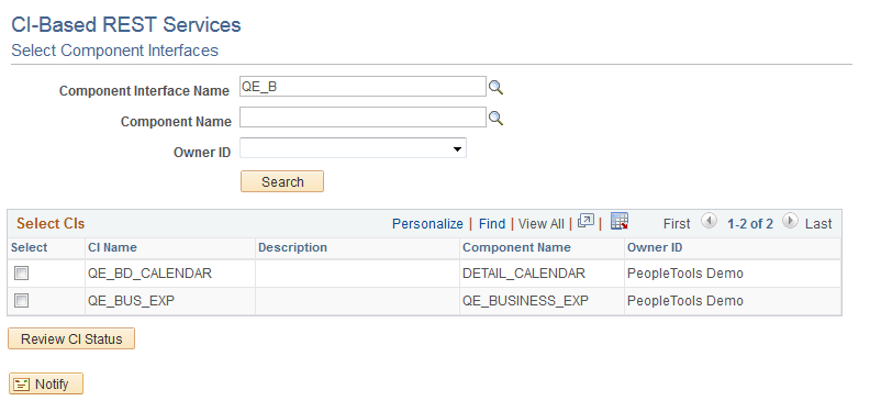 Select Component Interfaces page