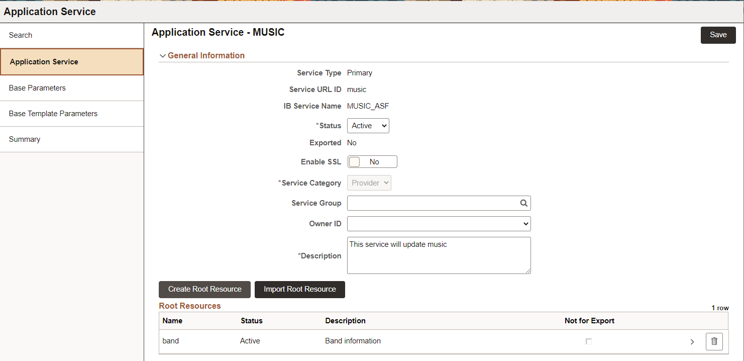 Application Service page with root Resource defined