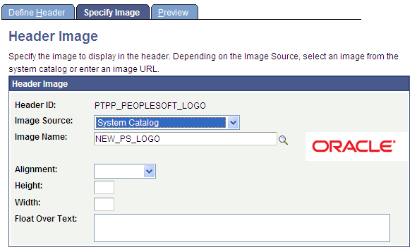 Define Headers - Specify Image page