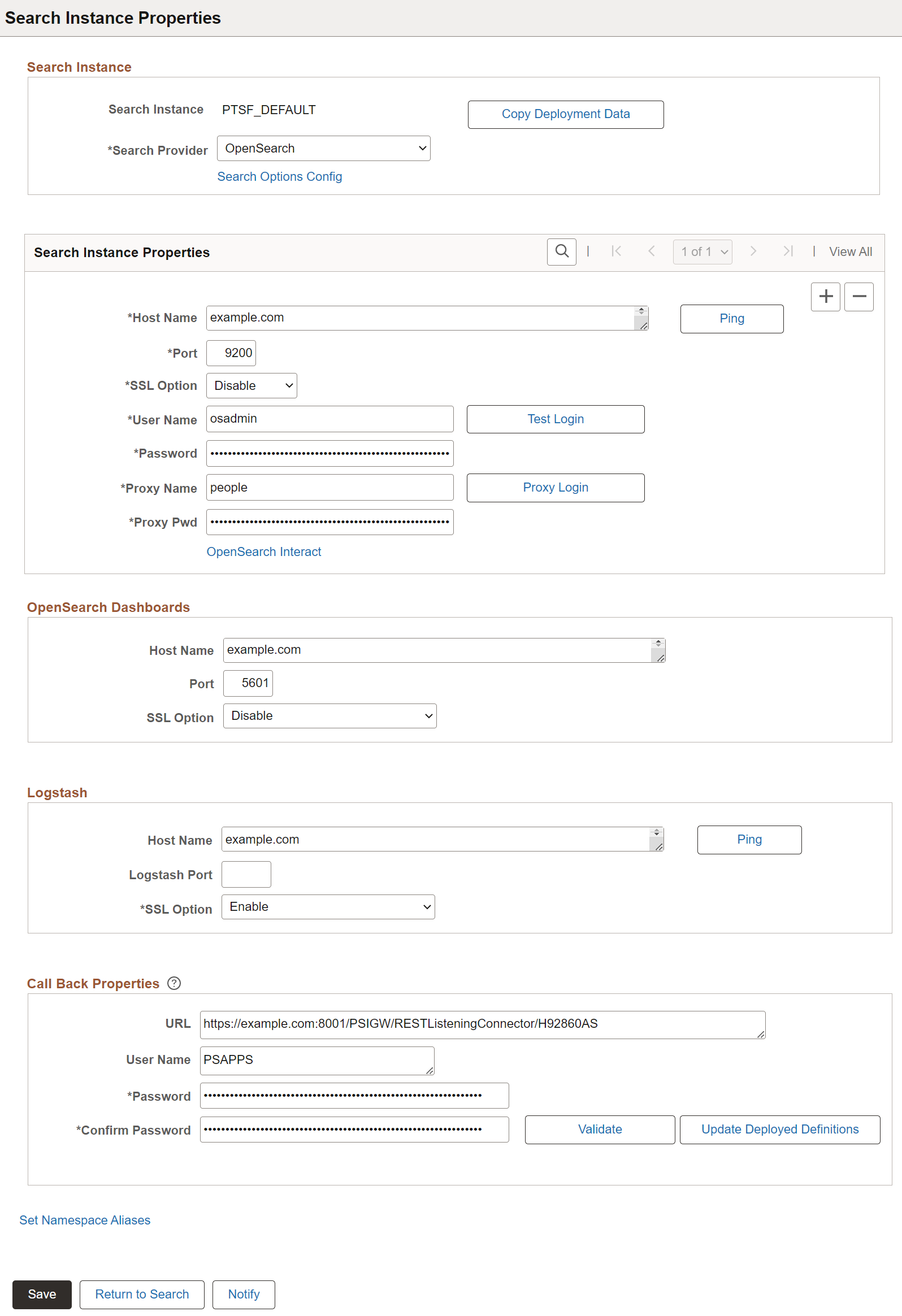 Search Instance Properties page
