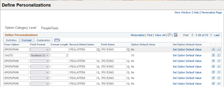 Define Personalizations - Format page