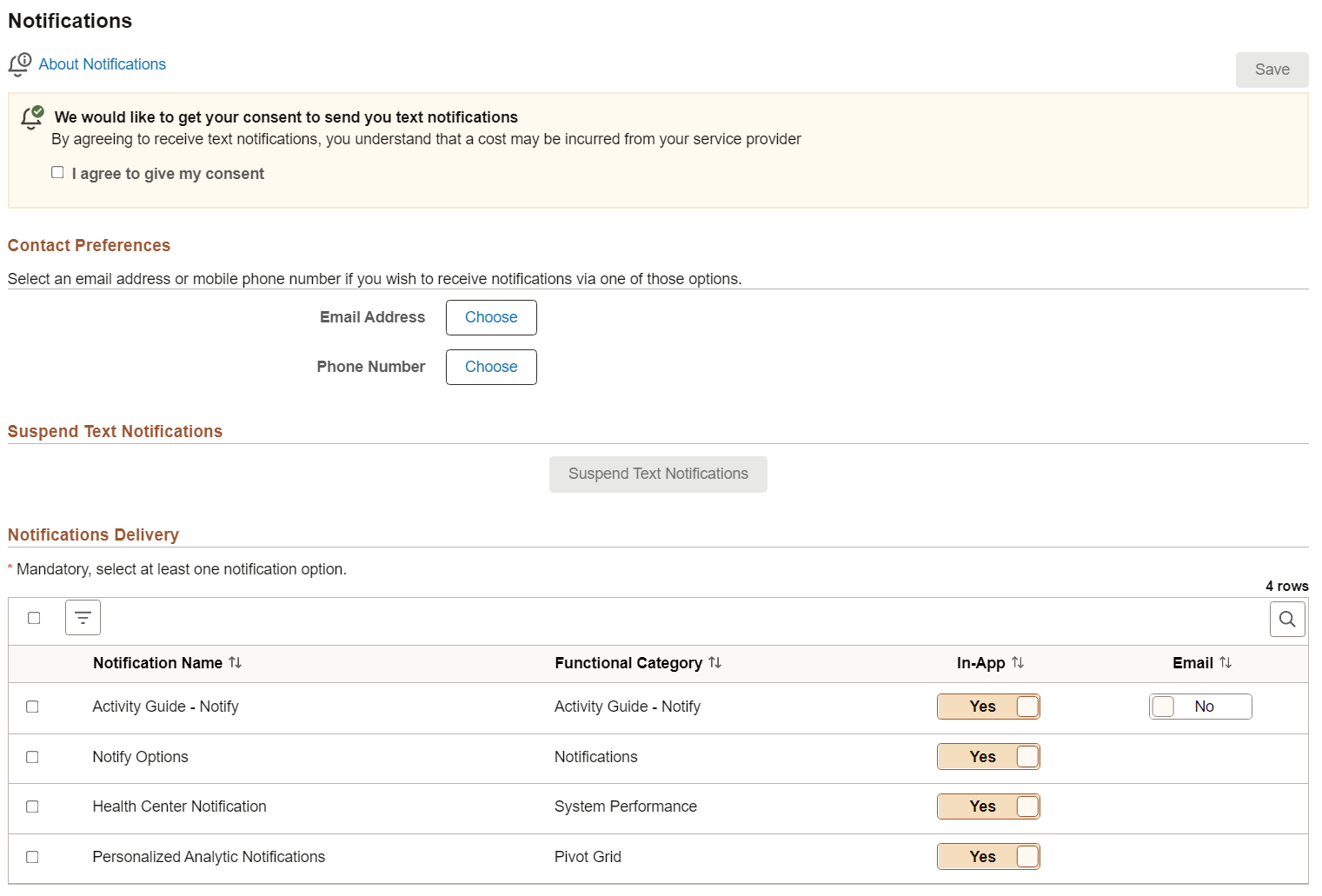 Notifications page: Before personalization