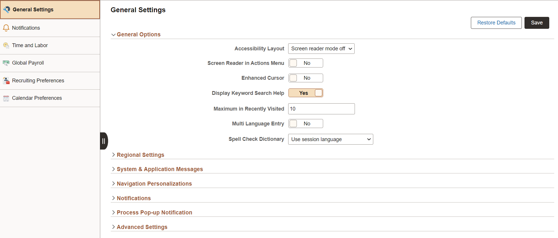 My Preferences - General Settings - General Options