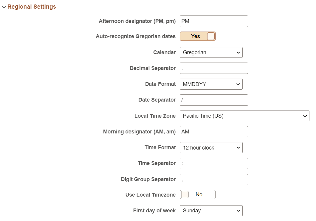 My Preferences - General Settings: Regional Settings