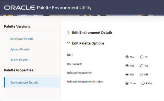 Palette Options fields on Web Application Utility