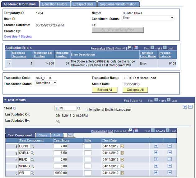 Academic Information page (1 of 2)