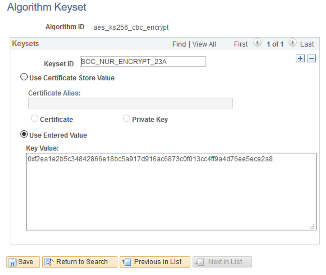 Algorithm Keyset page for SCC_NUR_ENCRYPT_23A