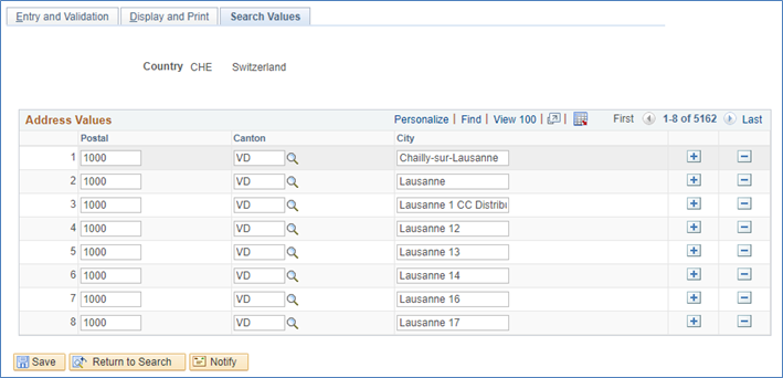 Search Values page