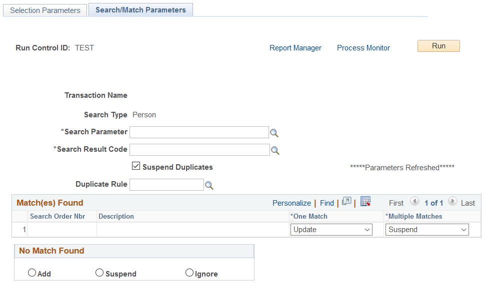 Search/Match Parameters page