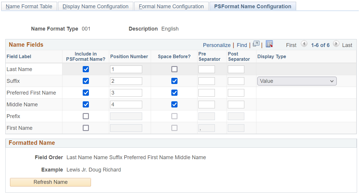 PSFormat Name Configuration page
