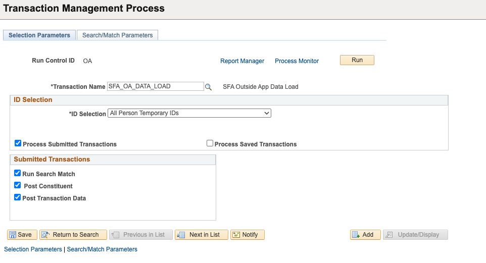 Example of Transaction Management Process - Selection Parameters page for loading OA data