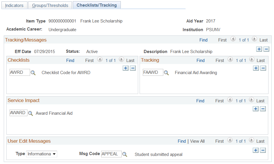 Disbursement Rules: Item Type - Checklists/Tracking page