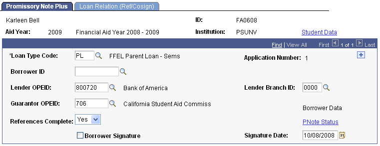 Promissory Note Plus (parent loan) page
