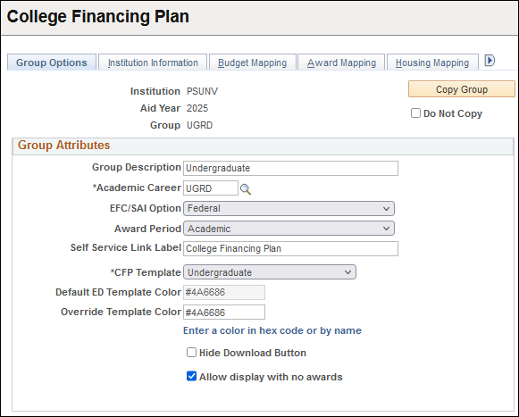 CFP Group Options page