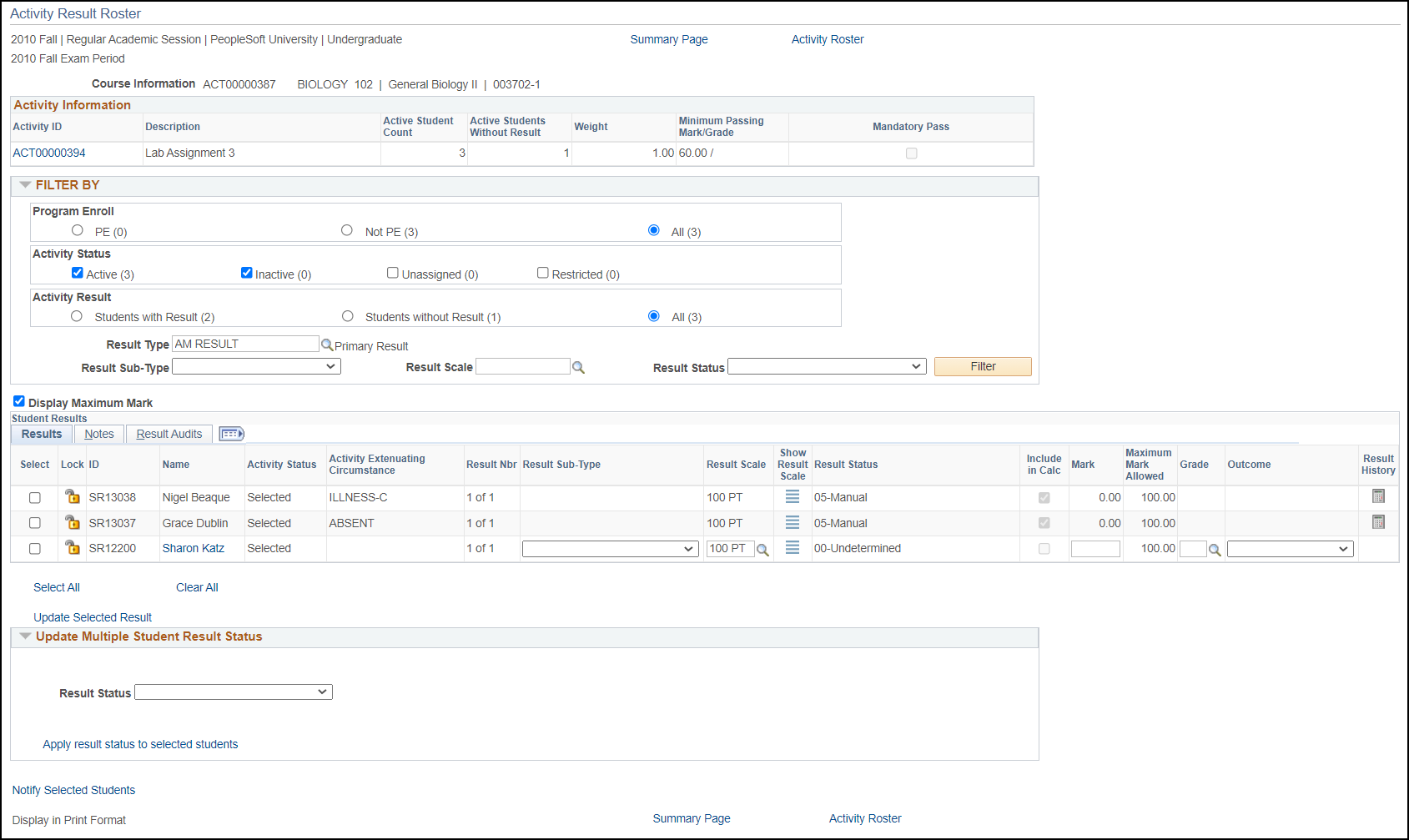 Activity Result Roster page, Student Results group box, Results tab
