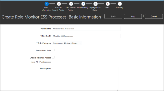 「ロールの作成 Monitor ESS Processes: 基本情報」ページのスクリーンショット。 「基本情報」ページは、ロールを作成するトレーニングの 一連のステップの最初です。 