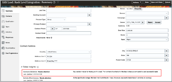営業インサイトを使用したリード担当者検証のスクリーンショット 