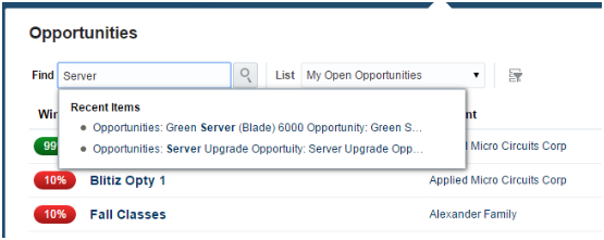 「商談」作業領域ランディング・パッドの一部の画面キャプチャ。 この画像は、テキストで説明されているサンプル検索と最近の項目を示しています。 