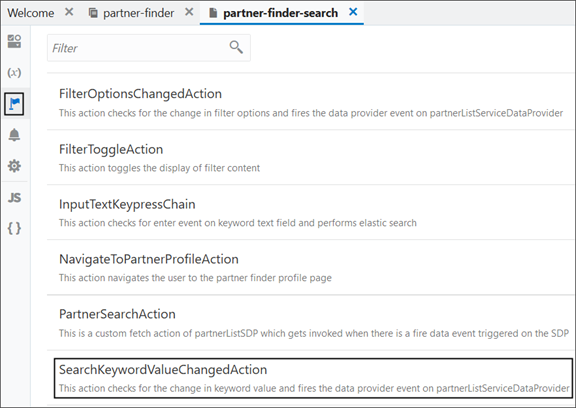 これは、「アクション」アイコン >「SearchKeywordValueChangedAction」オプションをクリックすると表示されるスクリーンショットです。