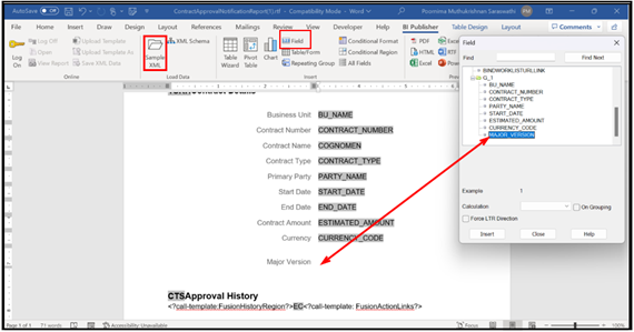 契約承認テンプレートを変更するためのサンプルXMLのフィールドを示すスクリーンショット