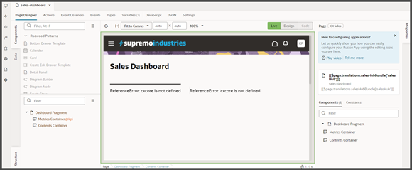 このスクリーンショットは、Oracle Visual Builder Studioの営業ダッシュボードを示しています。