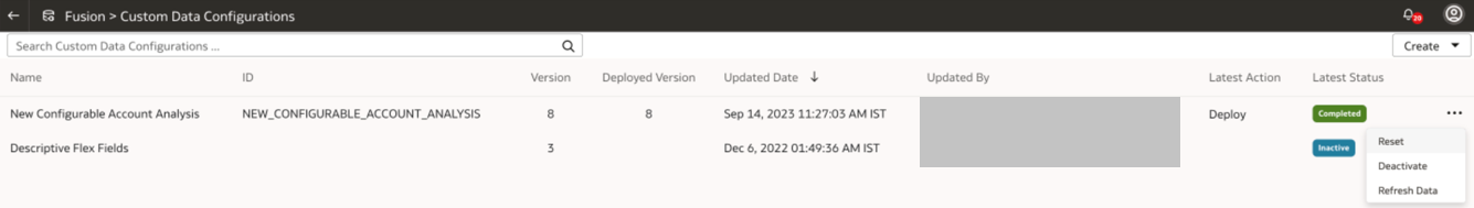 CAAアプリケーションのデータをリセット、非アクティブ化またはリフレッシュするオプション