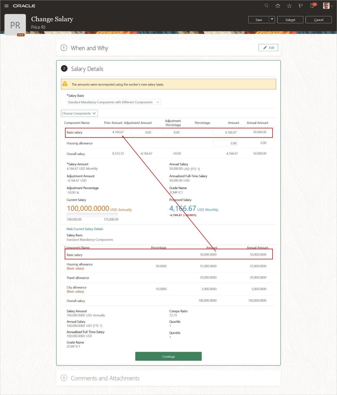 新規給与ベースの周期が前の給与ベースと異なるため、現在の基本給与コンポーネント金額が提示給与の前額とどのように異なるかを示す給与詳細です。