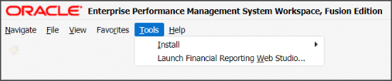 このイメージは、Enterprise Performance Management Systemワークスペースの 「ツール」メニューを示しています。メニュー項目の1つがFinancial Reporting Web Studioの起動です。