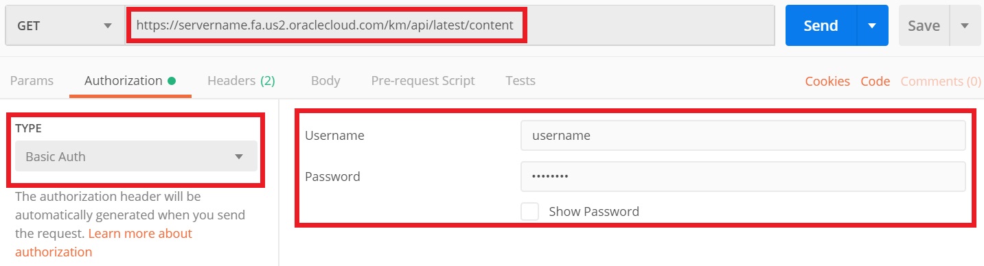 この図は、Postmanでの認可にBasic Authorizationを使用する方法を示しています。 この図は、Postmanでの認可にBasic Authorizationを使用する方法を示しています。
