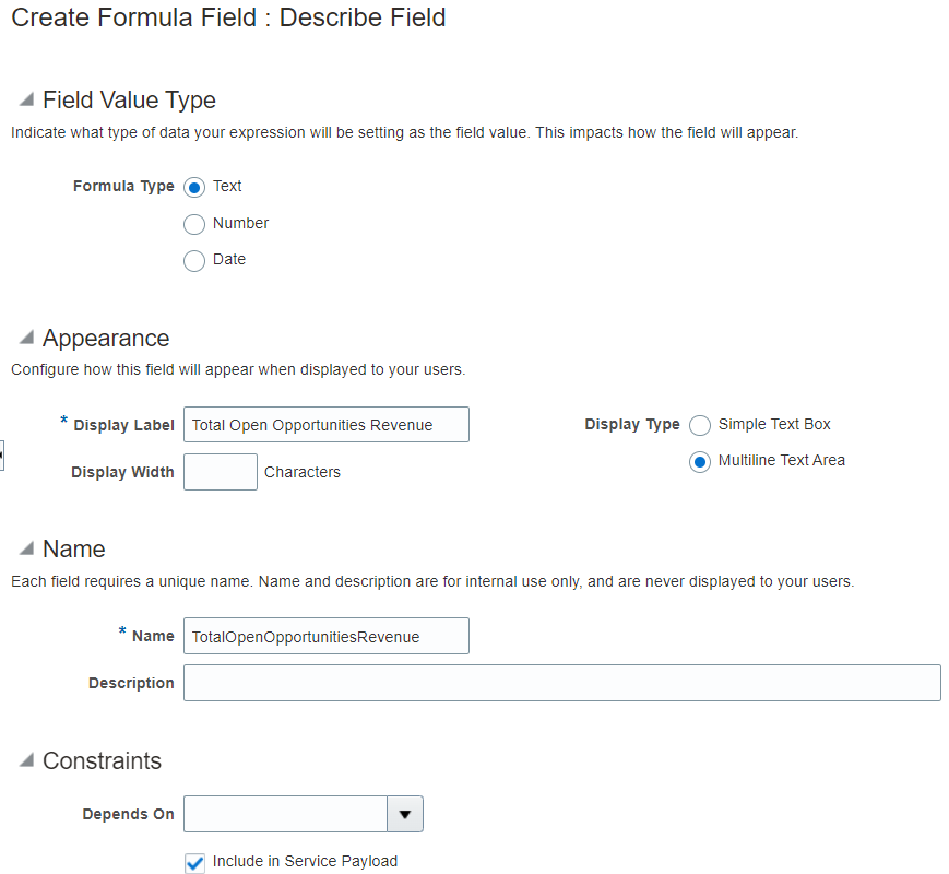 このスクリーン・ショットは、Total Open Opportunities Revenueの2番目の式フィールドの作成を示しています。