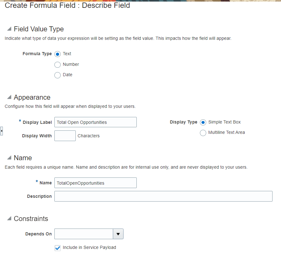 このスクリーン・ショットは、カスタム・アカウント・ロールアップ「Total Open Opportunities」の式フィールドの作成を示しています。