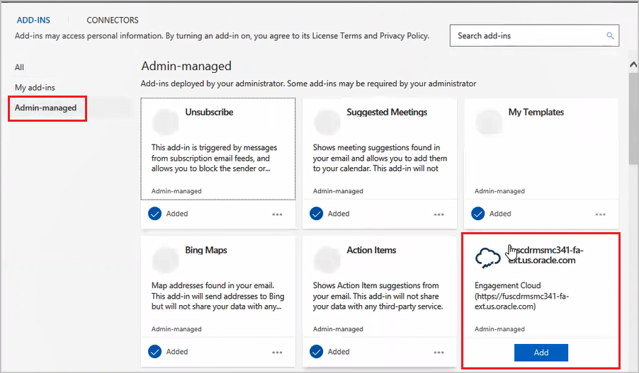 アドインが「管理者が管理」タブで使用可能かどうかを確認します。