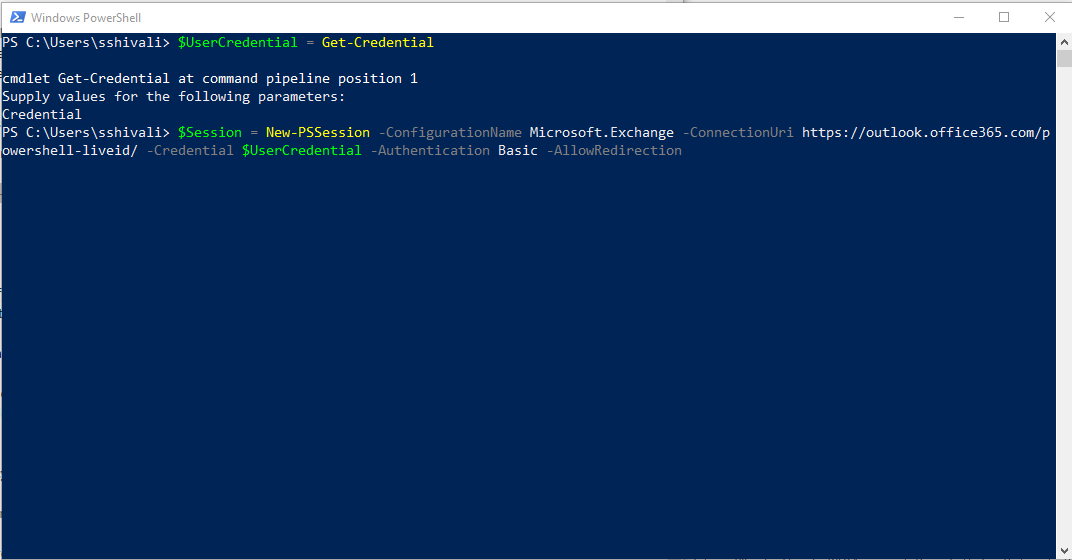 Windows PowerShell UIで、新しいセッションに関連するコマンドを入力します。