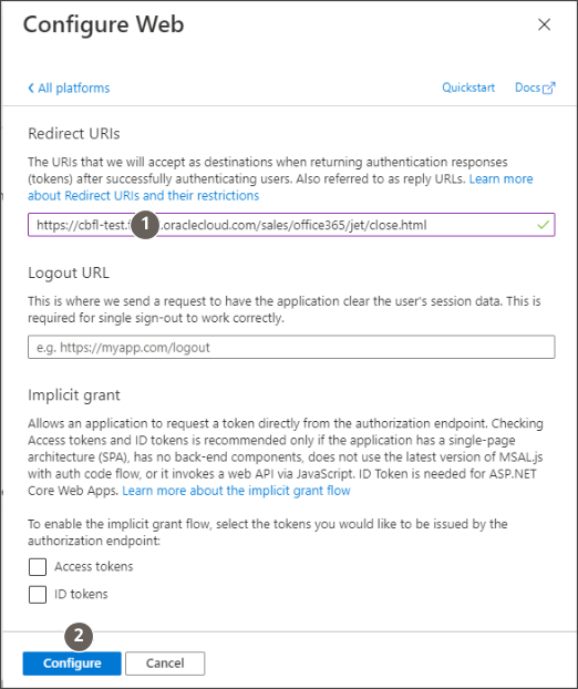 最初のURIを入力したフィールドと「Configure」ボタンが 強調表示された「Configure Web」ページ