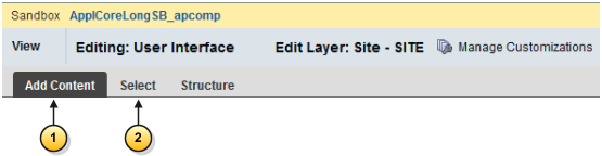 「コンテンツの追加」および「選択」モードが強調表示された コールアウトを含むページ・コンポーザのツールバー