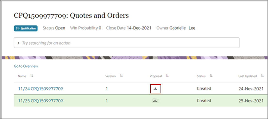 提案のダウンロード・アイコンを示すスクリーンショット。