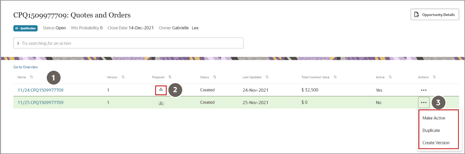 「すべての見積の表示」リンクをクリックしたときの見積のリストを示すスクリーンショット。