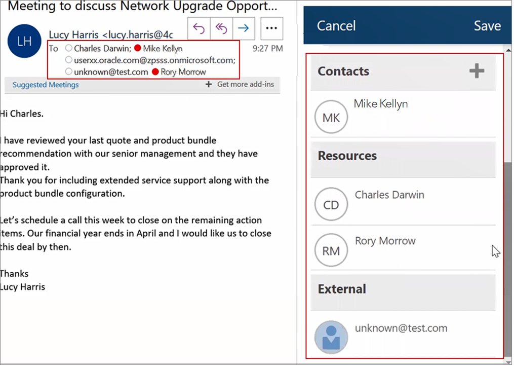 スクリーンショットは、Eメールの「宛先」フィールドにリストされている個人が、共有されている会話で「担当者」、「リソース」および「外部」として分類されていることを示しています。