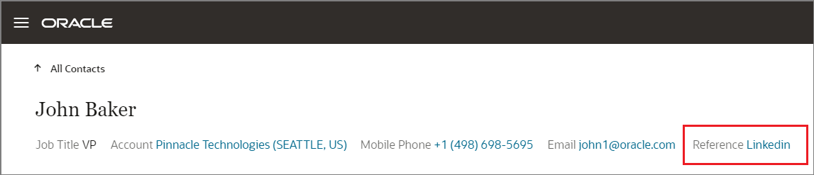 担当者の基本情報に表示されるLinkedInリンクが強調表示されたサンプル担当者のスクリーンショット