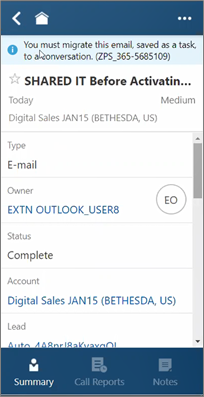 スクリーンショットは、Eメールを会話に移行するメッセージを示しています。 ユーザーは管理者に連絡する必要があります。 