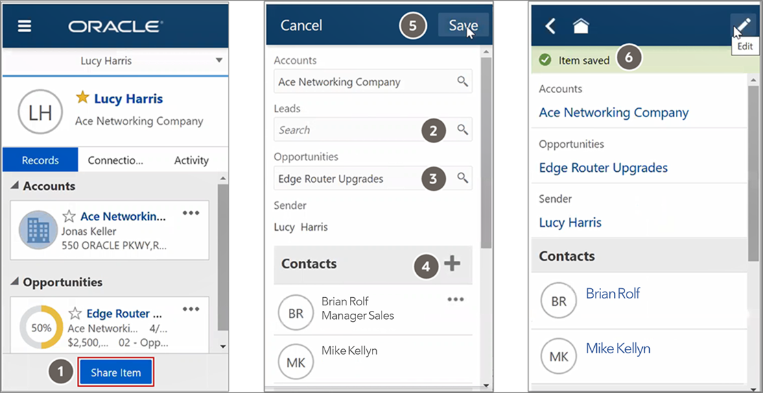 Oracle Microsoft 365アドインからのEメールを共有します。 Eメールは会話として保存され、「アクティビティ」パネルに表示されます。 
