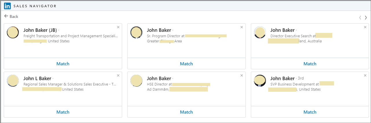 スクリーンショットは、完全一致が検出されないときに類似プロファイルをフェッチするLinkedIn Sales Navigatorを示しています。