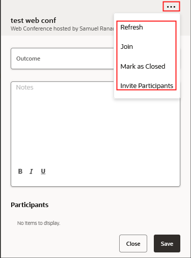 ユーザーおよび他の関係者が通信してノートを作成したり、進行中のWebカンファレンスに他の関係者を招待できる、Webカンファレンスの通信パネルのスクリーンショットの例